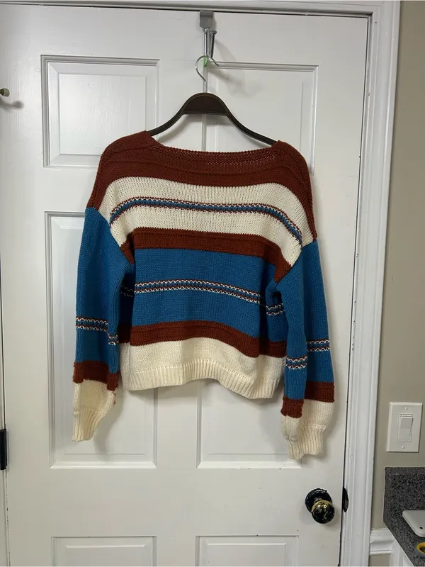 SHEIN Striped V-Neck Sweater in Blue, Cream & Brown - Image 4