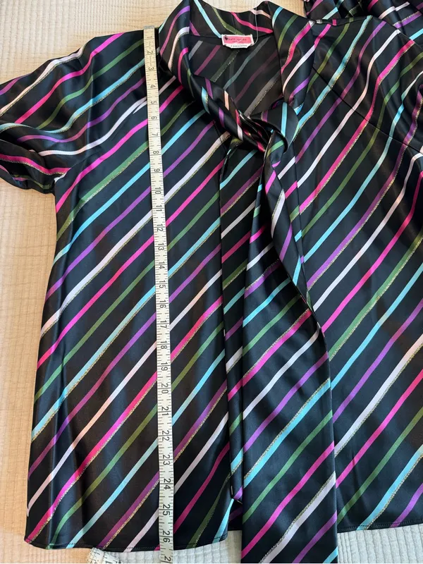 kate spade Black Satin Tie-Neck Blouse with Pink, Green, Blue and White Stripes - Image 15