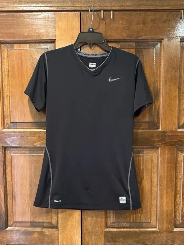 Nike Pro Women Size L Black V-Neck Compression Shirt Fitted NikeFIT Training Tee - Image 2