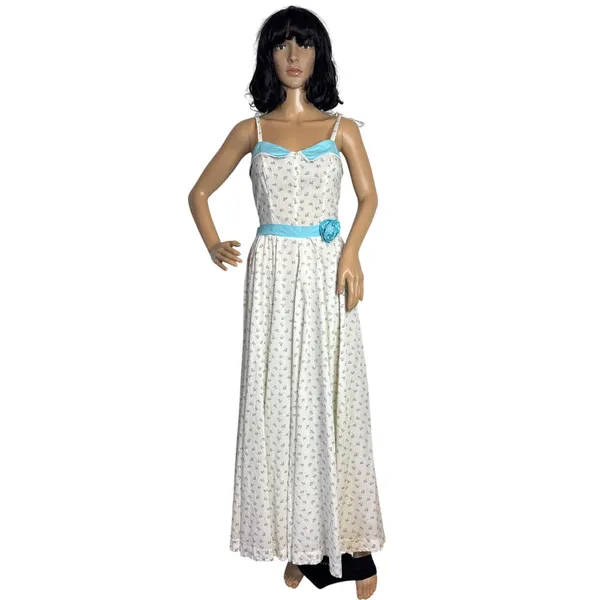 Vintage 1960s White Blue Floral Prairie Maxi Dress XS/S Talon Zip Circular - Image 5