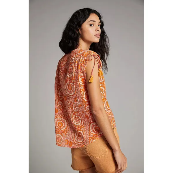 Anthropologie Terra Shirred Orange Paisley Tassel Tie V-Neck Blouse Large - Image 3