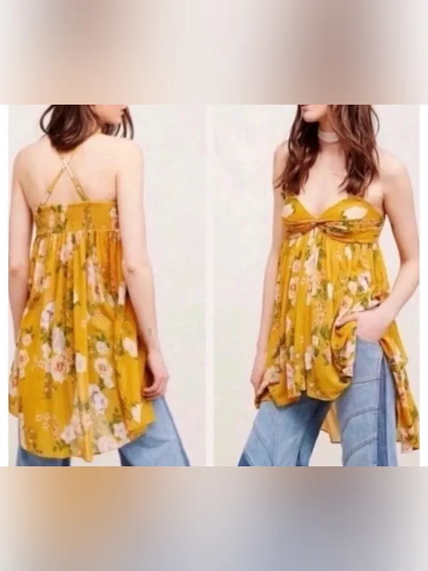 Free People Boho Mirage Yellow Floral Print Hi-Low Tunic Top S - Image 2