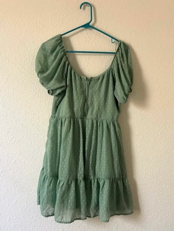 Trixxi Sage Green Puff Sleeve Swiss Dot Mini Dress M Cottagecore Summer - Image 5