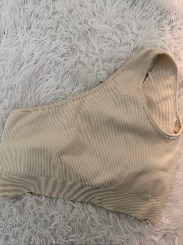 🩷 3/$18 Ribbed One Shoulder Sports Bra Beige Size L Removable Pads - Image 3