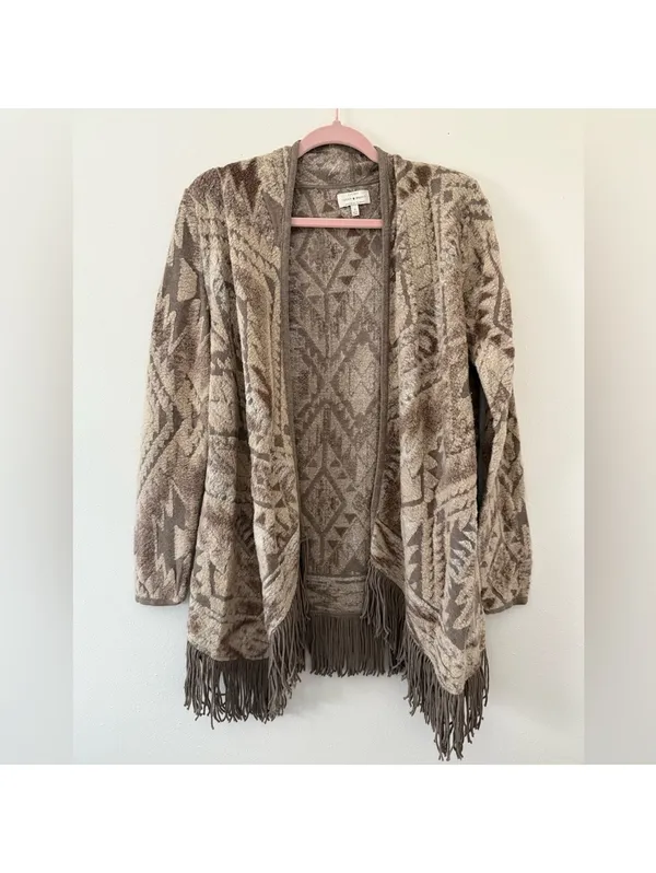 Lucky Neutral Boho Folk Aztec Western Fringe Open Front Cardigan size small - Image 4
