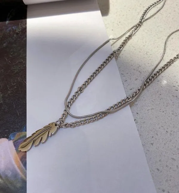 Titanium Steel Layered Feather Pendant Necklace for Men Women,Feather Necklace,Punk Hip Hop Necklace - Image 3