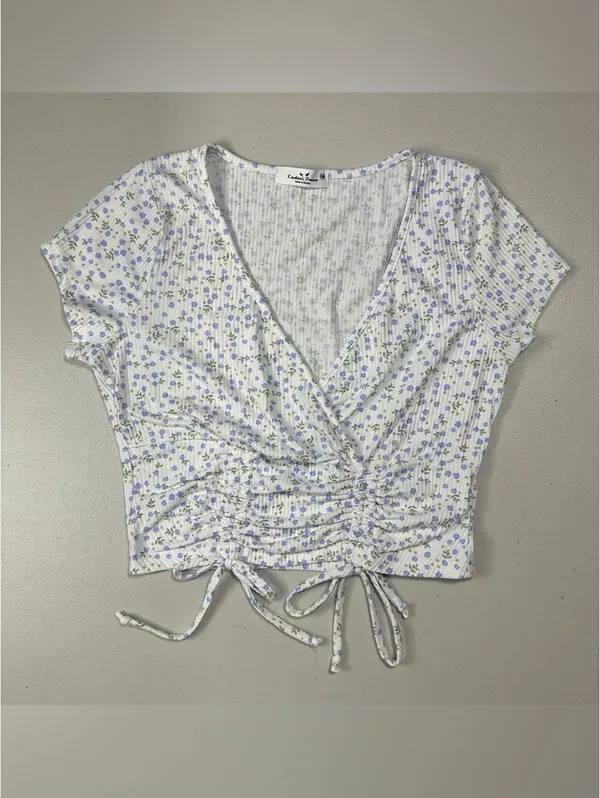 Rebellious Dreamer Floral Ruched Drawstring Crop Top Women’s Medium - Image 2