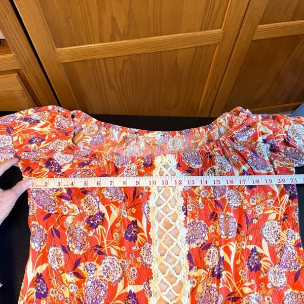 Miss Me Floral Boho Top Large Orange White Crochet Flutter Sleeve Crop Summer - Image 6