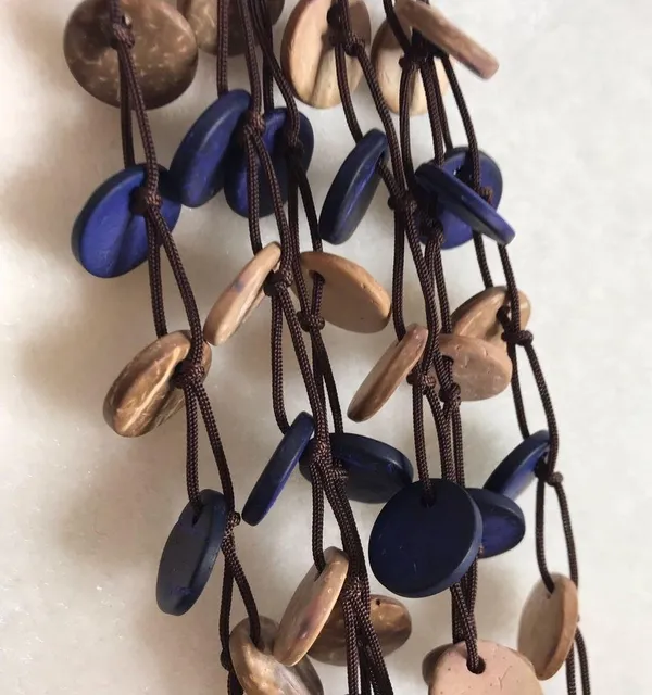 Triple strand earth tones flat wooden circle necklace rustic boho hippie - Image 3