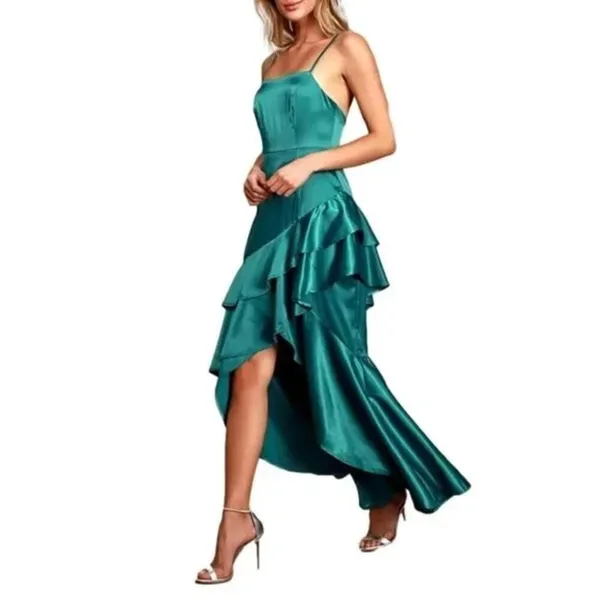 Lulus Yori Teal Green Satin‎ Ruffled High-Low Maxi Dress medium - Image 8