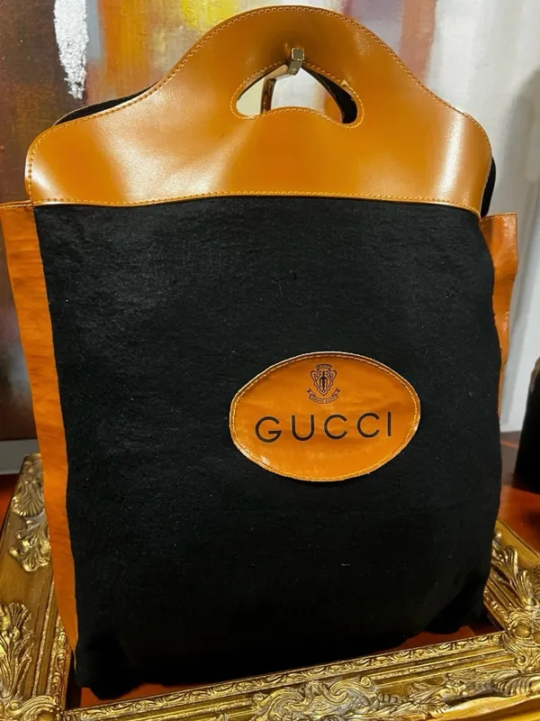 Vintage Gucci 1970s Black Felt Camel Leather Tote Made in Italy - Image 5