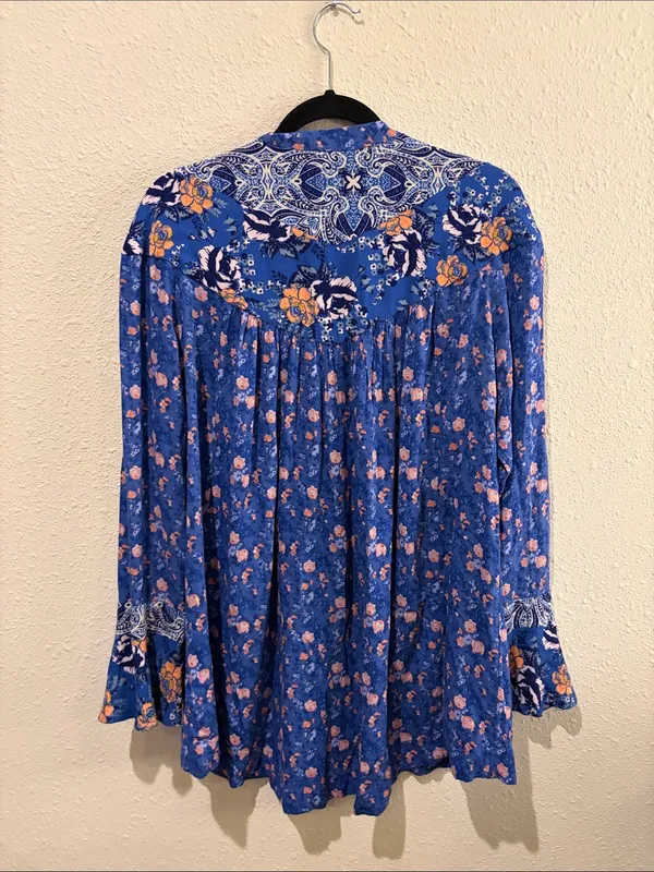 Free People Blue Floral Paisley Tunic with Orange Accents - Image 3