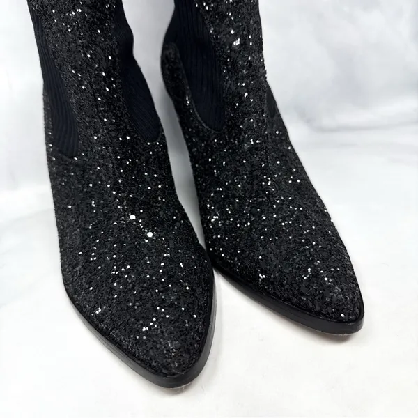 Jimmy Choo Mele Glitter 85 Chelsea Stretch Knit Block Heel Ankle Boots Black 36 - Image 7