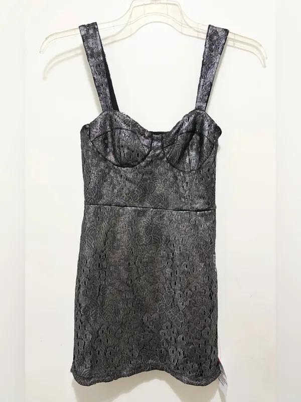 Topshop Metallic Silver Lace Mini Dress Sz. 4 NWT - Image 3