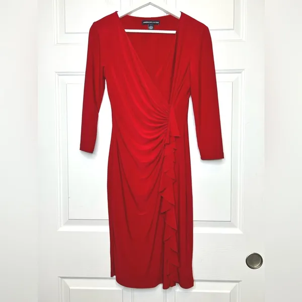 American Living Red 3/4 Sleeve‎ Ruched Sheath Dress Career Cocktail Party - Image 2
