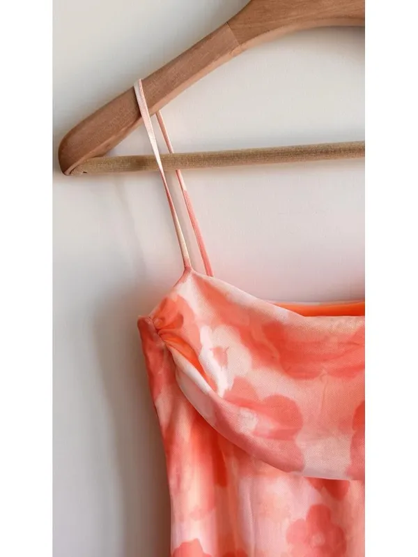 See You Monday Floral Mesh Cowl Neck Mini Dress Pink Orange Size M - Image 3