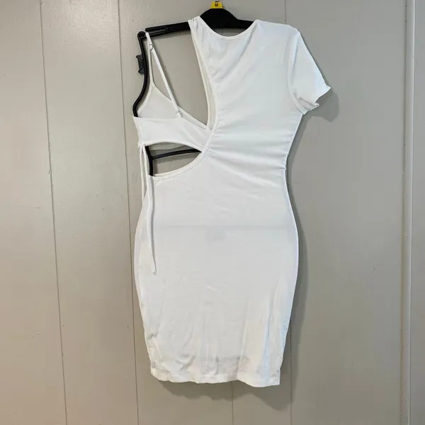 White Fox White Ribbed Cutout Mini Dress Size M Y2K Bodycon Asymmetrical - Image 3