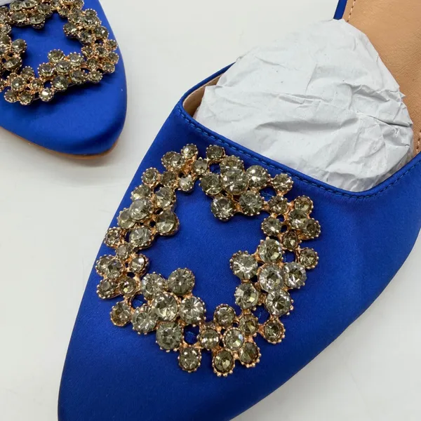 Coutgo Womens Royal Blue Satin Rhinestone Buckle Pointed Toe Mules Stiletto Sz 8 - Image 2