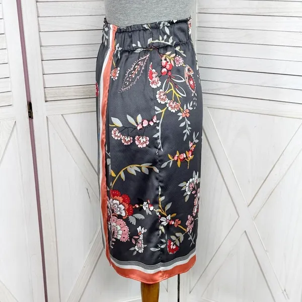 Loft Floral‎ Satin Faux Wrap Scarf Skirt Grey Coral Medium - Image 2