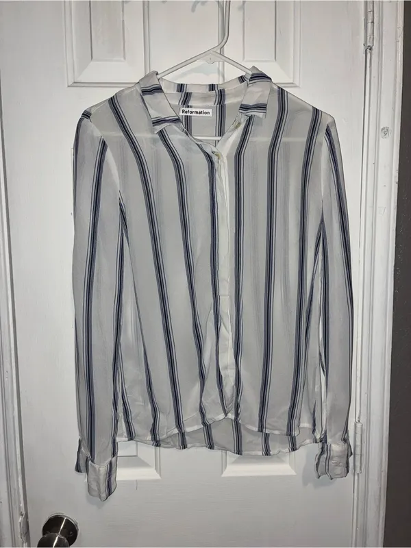 Reformation White Button-Down Shirt with Navy Stripes - Image 3