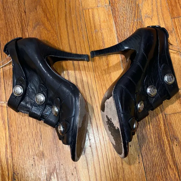 Coach Black Leather Peep Toe Button Gladiator Heels - Image 9