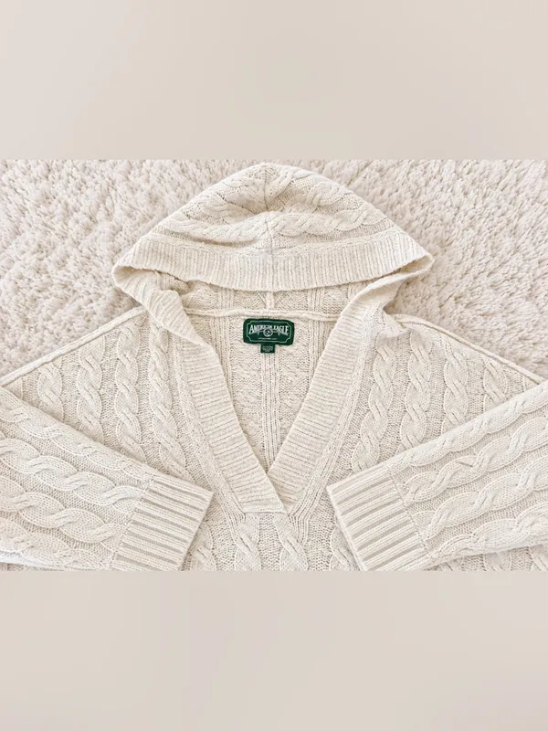 American Eagle Soft & Cozy Cable Knit Hoodie Sweater – Cream/Ivory – XL - Image 8