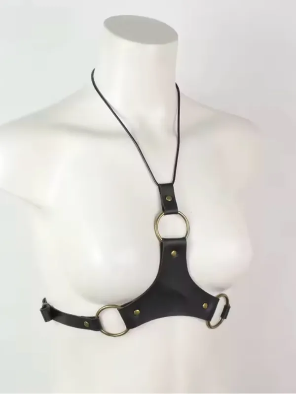 Black Leather Harness Necklace with Brass Rings - Image 7
