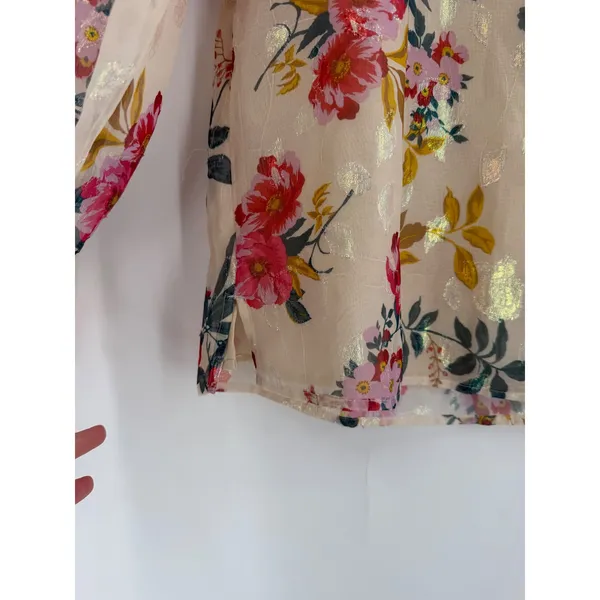 LOFT Floral Blouse Women XS Cream Gold Metallic Shimmer Puff Sleeve Cottagecore - Image 9