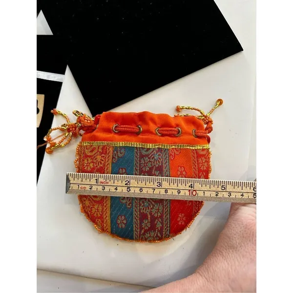 Orange beaded Indian drawstring jewelry/cosmetic pouch - beaded one side - desig - Image 11