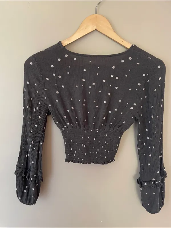 Altar'd State Black White Polka Dot Smocked Wrap Crop Blouse - Image 4
