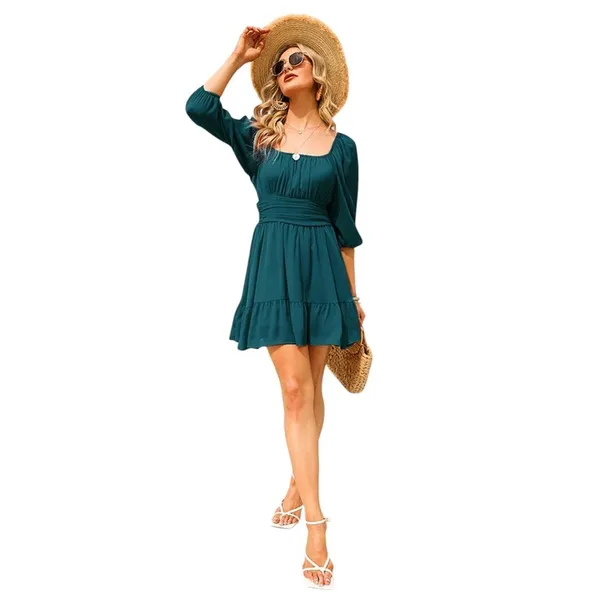Exlura Green Square Neck Puff Sleeve High Low Mini Dress XL Cottagecore Boho - Image 7
