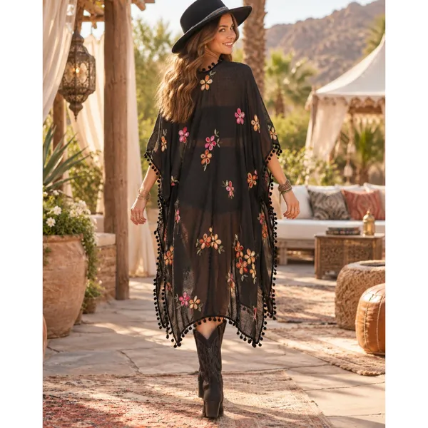 DO EVERYTHING IN LOVE Embroidered Floral Kimono Wrap Black Bohemian One Size - Image 7