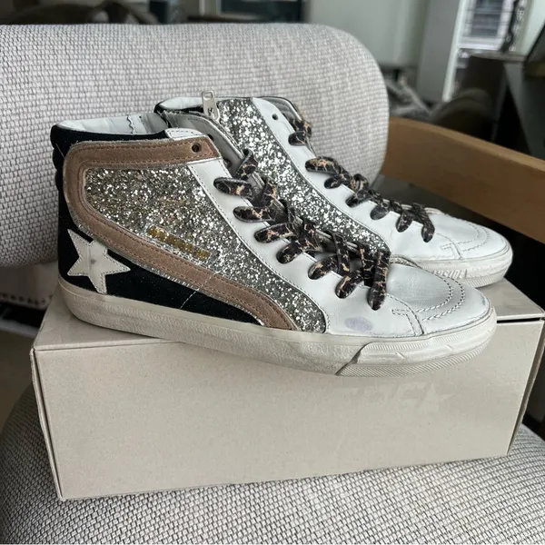 Golden Goose Slide Mid Top Mids Slides Glitter Leather Sneakers NIB - Image 2