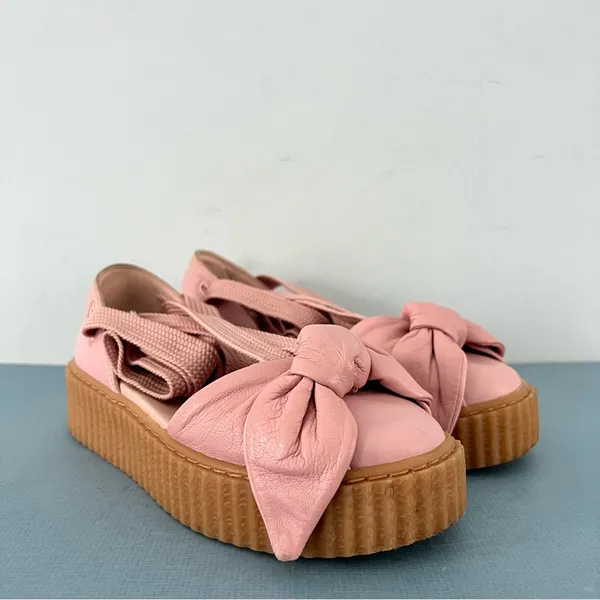 Puma x‎ Fenty by Rihanna Pink Bow Lace Up Leather Creeper Platform Sandals - Image 4