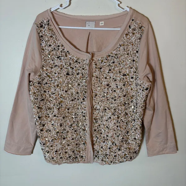 Anthropologie Postmark Paillette Sequin Cardigan Size‎ Large Tan - Image 2