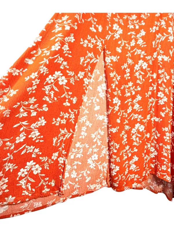 LULUS Women’s Garden Date Red Orange Floral Print Ruffle Midi Dress size XXS - Image 10