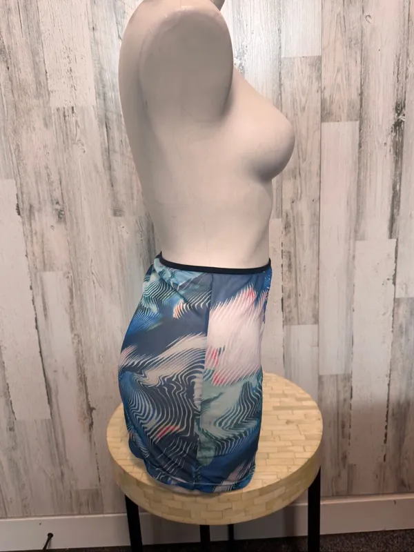 SheIn Abstract Graphic Mesh Mini Skirt Womens Size Small Sheer Blue Pink Cover Up - Image 3