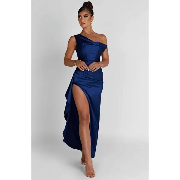 NWT Babyboo Juliene Navy Blue Satin Draped Cowl Neck Maxi Dress Womens Size S - Image 10