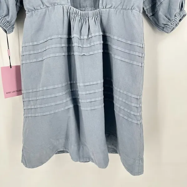 NWT Avec Les Filles‎ Women's Tie Back Puff Sleeve Babydoll Dress Blue Size Small - Image 11