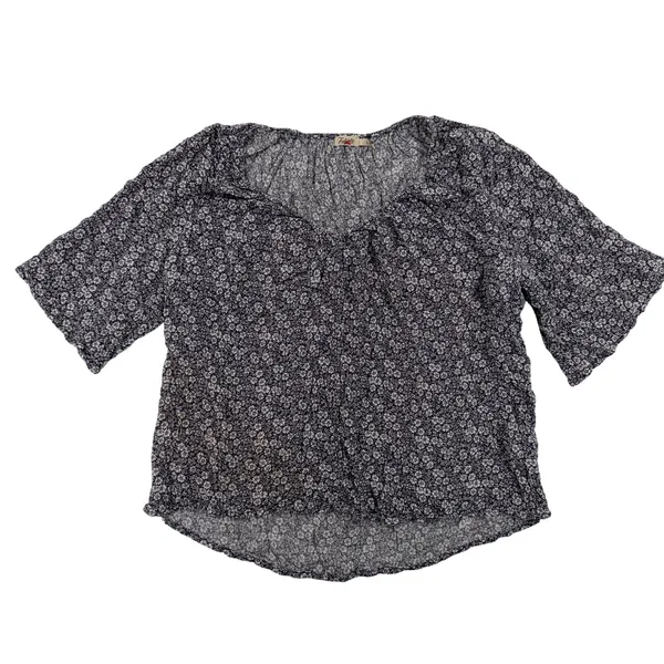 Faherty Women’s Floral Crinkle Blouse Short Sleeve Navy White Boho Casual Size L - Image 2