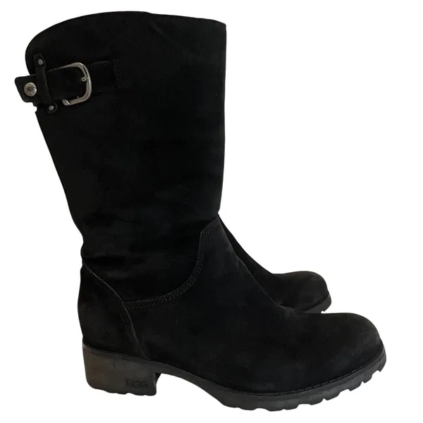 UGG Australia Boots Womens 8 Black Suede‎ Shearling Lined Buckle Moto Lug Sole - Image 7