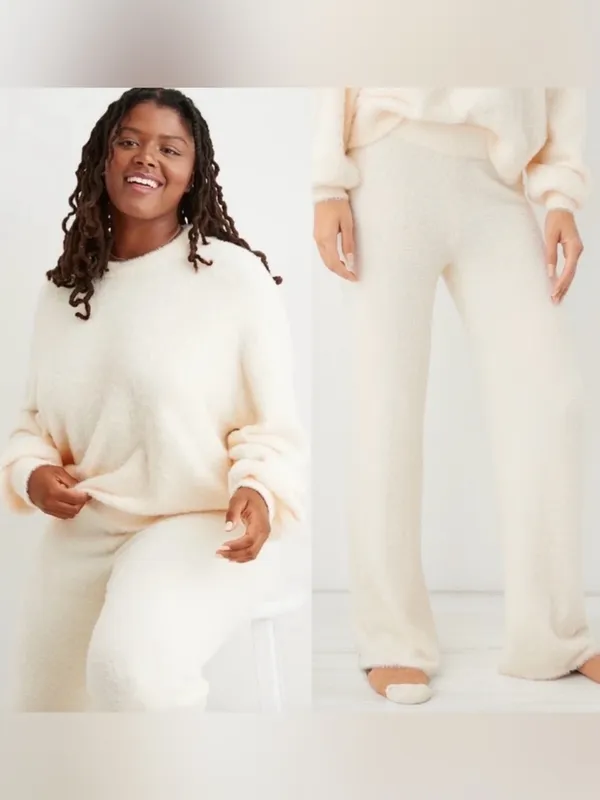 Aerie Matching Sweater Set Cream White Fuzzy Fluffy Marshmallow Medium & Pants - Image 2