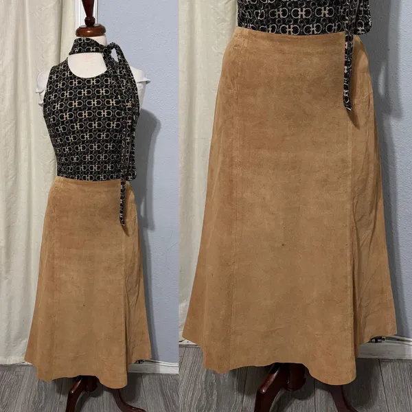 Anonymous John Carlisle Tan Suede Leather A-Line Midi Skirt Size 14‎ Camel Brown - Image 2