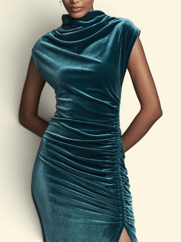 ANTHROPOLOGIE The Maya Stretch Velvet Cowl-Neck Em Teal Velvet Ruched Dress S XL - Image 4