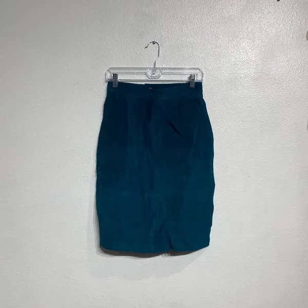 Fashion House Teal Suede Leather High Waist Mini Skirt Vintage Sz 10 - Image 2