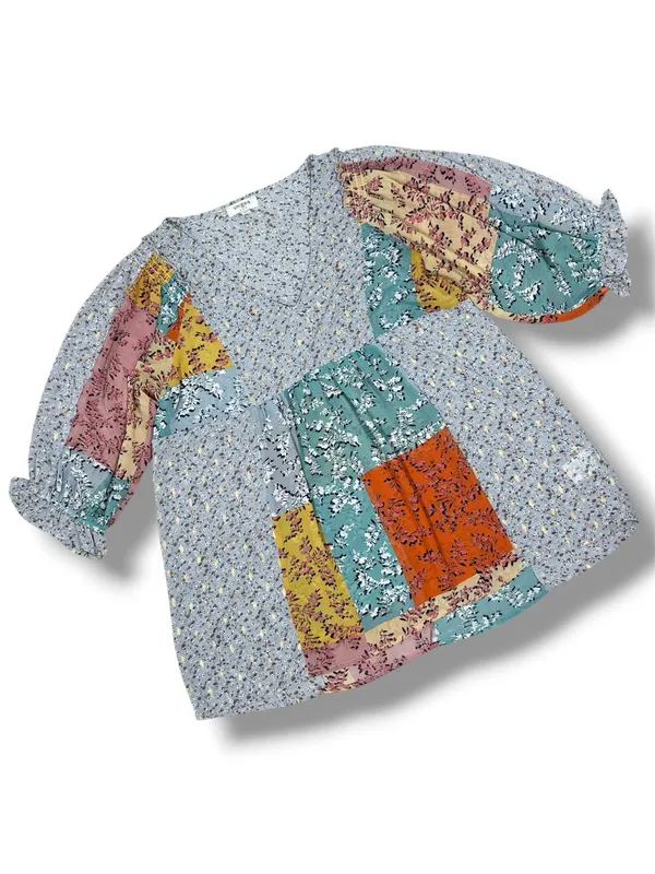 UMGEE Floral Patchwork Print‎ V Neck Chiffon Blouse Grey Multi Medium Boho - Image 12