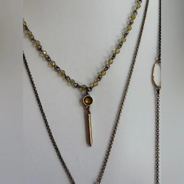 Layered Gold-Tone and Olive Bead Multi-Strand Necklace - Image 3