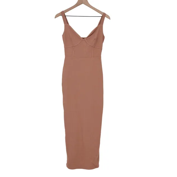 Naked Wardrobe Mauve Brown Ribbed Bustier Midi Bodycon Dress NW-D2420 Size L - Image 2