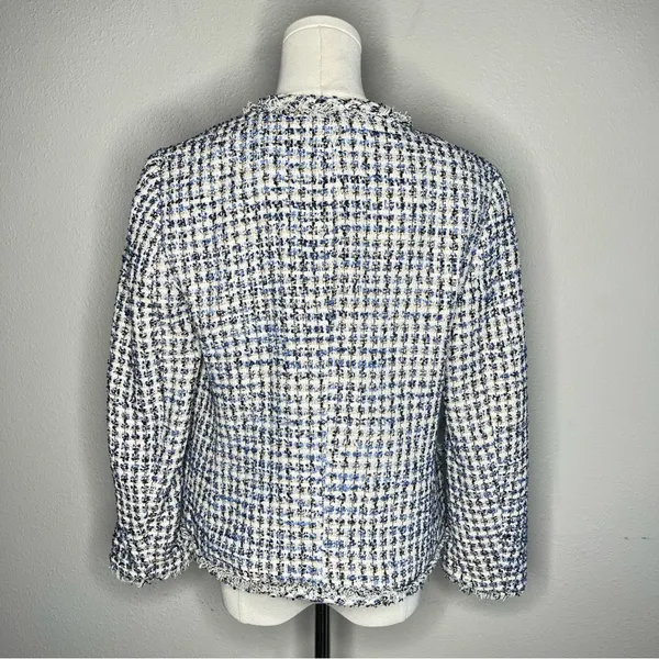 NEW Ann Taylor Blue Tweed Glitter Open Front Fringe Blazer Jacket Preppy Office - Image 3
