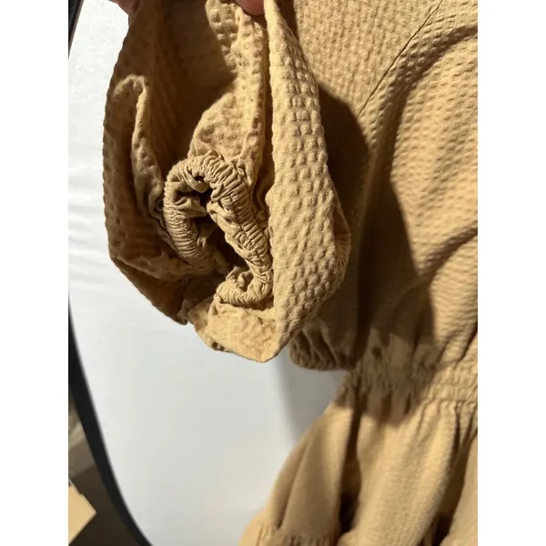 Madewell Dress Women's Size M Tan Brown Short Sleeve Tiered Mini Button‎ Back - Image 4